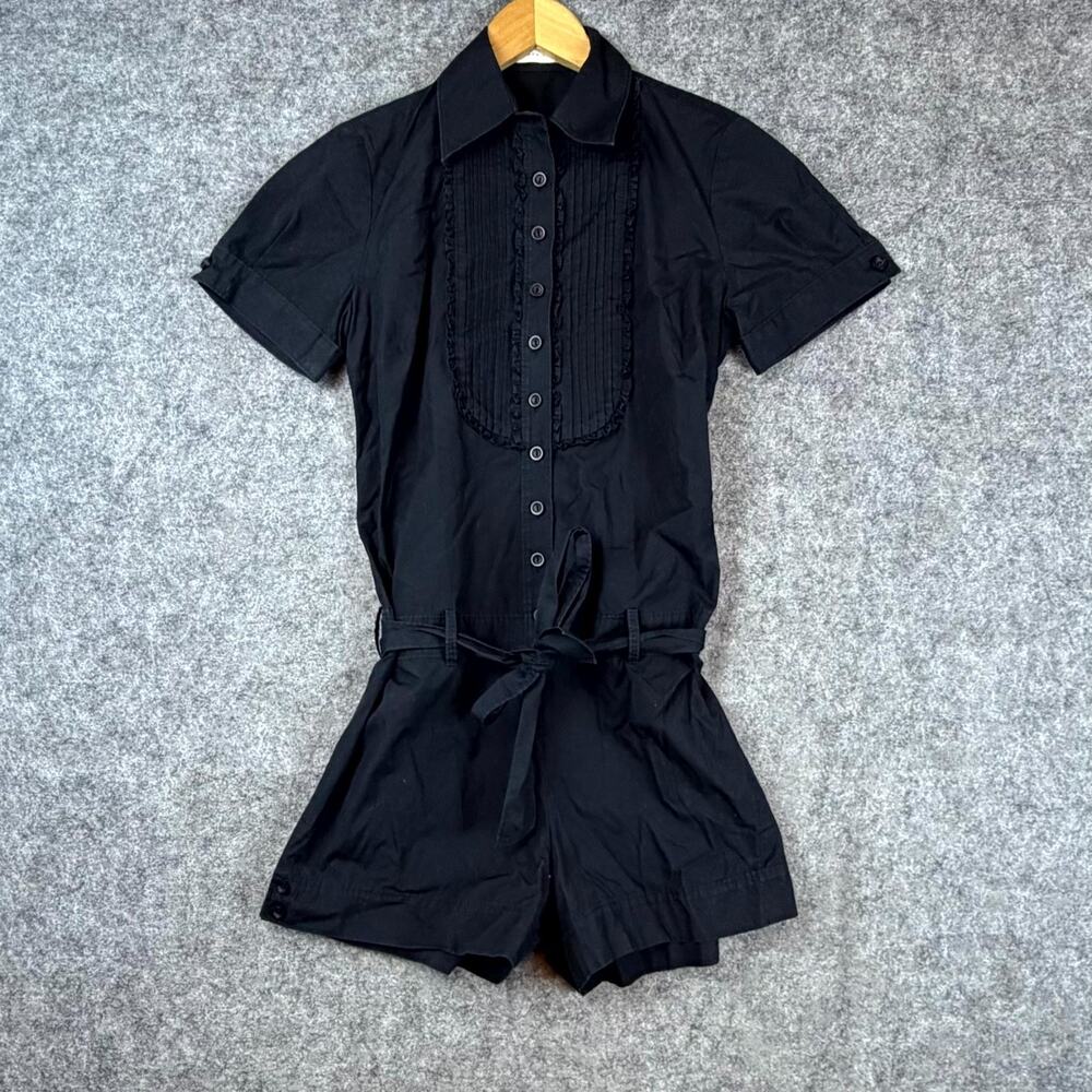 Susana‎ Monaco Tie Front Romper Womens 4 Black Cotton Short Sleeve Button Up